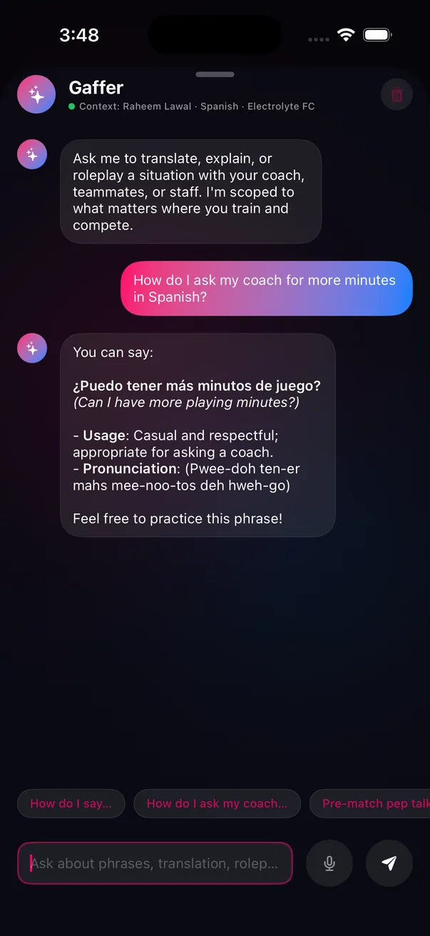 Gaffer assistant explaining how to ask the coach for more minutes in Spanish