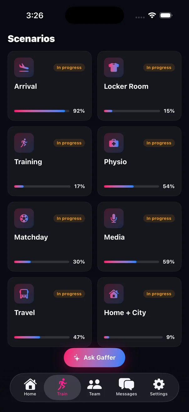 Scenario progress: arrival, locker room, training, physio, matchday, media